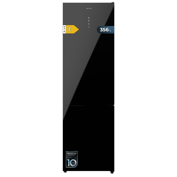 Cecotec Bolero CoolMarket Combi 356 Black Glass E Frigorifico Combi - 356L - Modo Vacaciones - Puerta de Cristal - Frio Envolvente - Cajon Humedad Regulable - Clase E - 59.5x63.5x200cm - Col