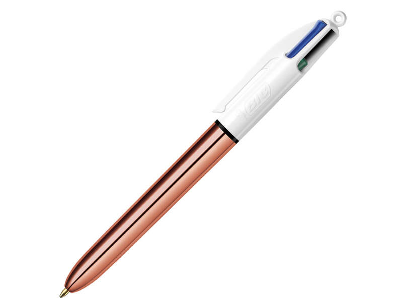 Bic 4 Colours Rose Gold Boligrafo de Bola Retractil - Punta Media de 1.0 mm - Tinta con Base de Aceite - Cuerpo Rosa Metalizado/Blanco · Pack de 12 uds.