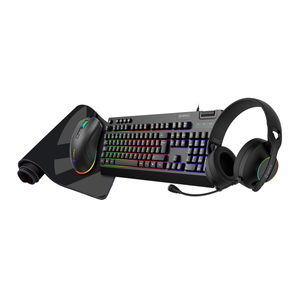 Unykach Pack Gaming NOVA 4in1 USB Teclado Multimedia + Raton 7200dpi + Auriculares con Microfono + Alfombrilla XL - Teclado Portugués - Color Negro