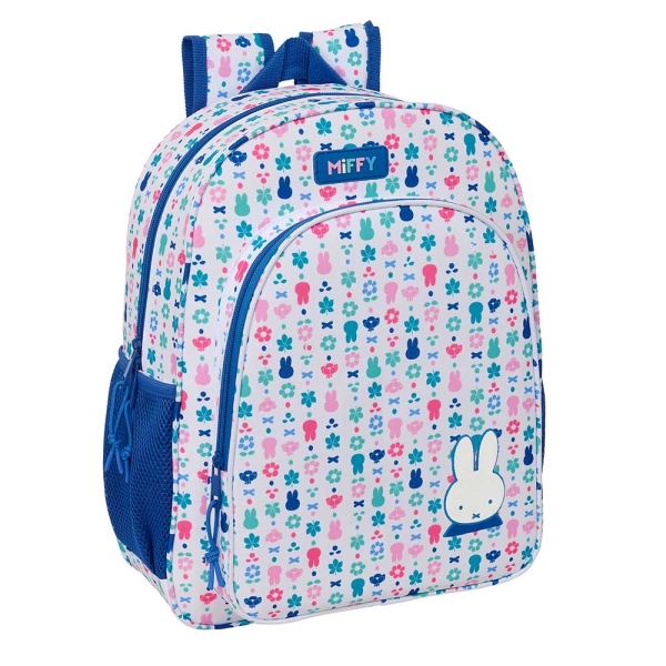 Safta Miffy Bunny Mochila - Adaptable a Carro - Bolsillo Frontal - Portabotellas - Cremallera con Doble Tirador - Asa de Mano - Hombreras y Espalda Acolchada - 33x42x14cm - Color Blanco y Azul