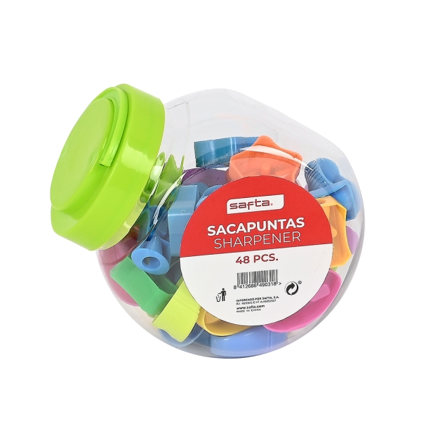 Safta Pack de 48 Sacapuntas - Agarre Antideslizante - Compacto - Cuchilla de Alta Calidad - 100x100x120mm - Colores Surtidos