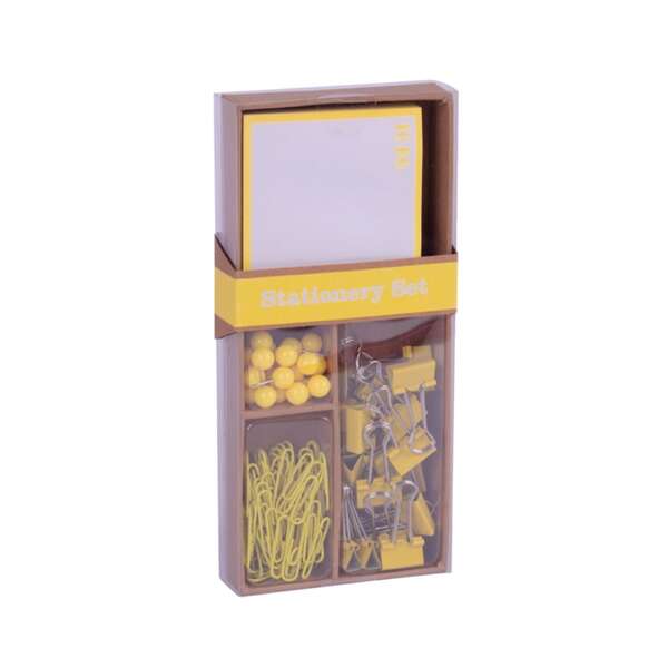 Apli Fluor Collection Set de Oficina - 25 Pins, 80 Clips de 28mm, 20 Pinzas Abatibles de 19mm y Notas Adhesivas de 100 Hojas en Amarillo Fluor - Diseño Moderno y Llamativo - Producto Reposicionable para Expositor 17684