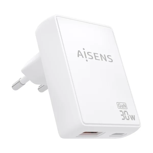 Aisens Cargador GaN Ultra Delgado 30W - 1xUSB-C PD3.0 QC4.0 - 1xUSB-A QC3.0 - Tecnologia AI - Color Blanco