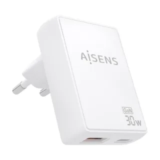 Aisens Cargador GaN Ultra Delgado 30W - 1xUSB-C PD3.0 QC4.0 - 1xUSB-A QC3.0 - Tecnologia AI - Color Blanco
