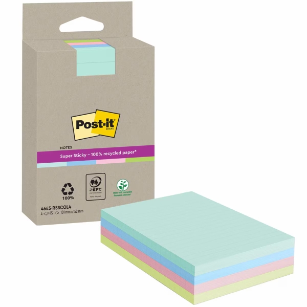 Post-It Super Sticky Super Sticky Pack de 4 Blocs de 45 Notas Adhesivas Recicladas - Forma Rectangular - 102x152mm - Colores Surtidos