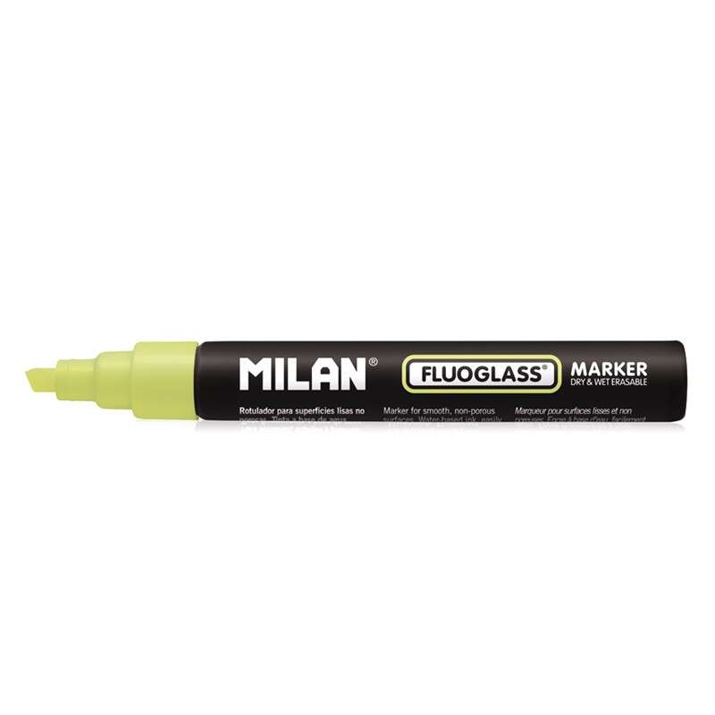 Milan Fluoglass Rotulador Superficies Lisas - Punta Biselada - Trazo de 2 - 4mm - Tinta al Agua - Borrado Facil - Color Amarillo · Pack de 12 uds.