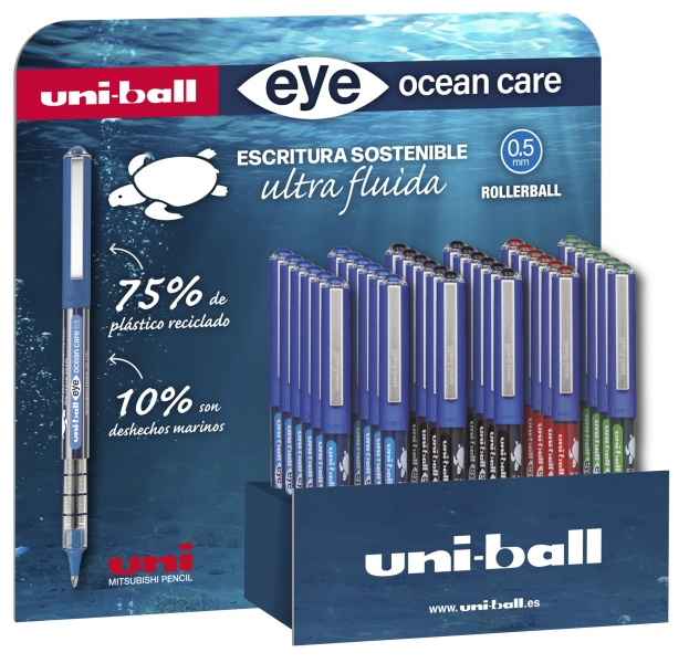 Uni-ball Eye Ocean Care UB-150ROP Expositor de 36 Boligrafos de Tinta Liquida - Punta de Bola 0.5mm - Tinta Pigmentada Resistente al Agua y Luz - Sistema de Control de Tinta - Color Surtido · Pack de 36 uds.