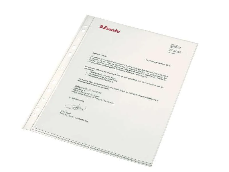 Esselte Pack de 100 Fundas Multitaladro Portadocumentos PP - Formato A4 - Calidad Luxe Cristal Liso Extra - 11 Taladros - Transparente