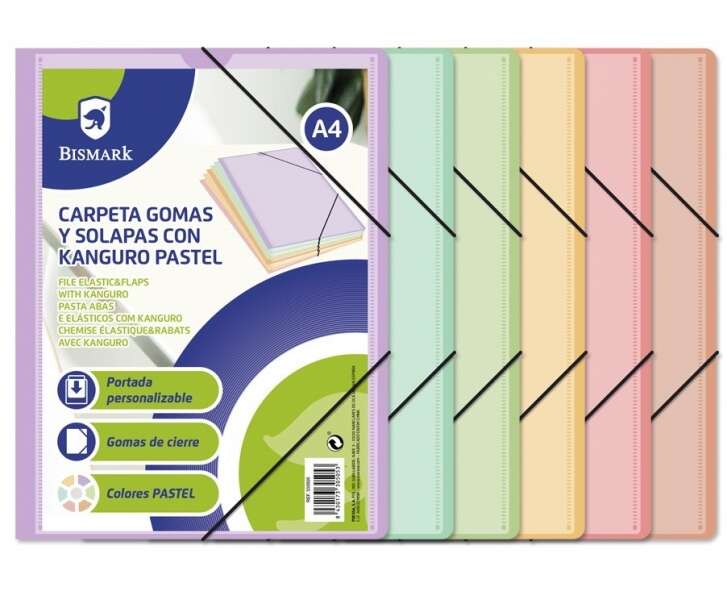Bismark Carpeta de Gomas A4 Kanguro con Solapas - Colores Pastel Surtidos · Pack de 24 uds.