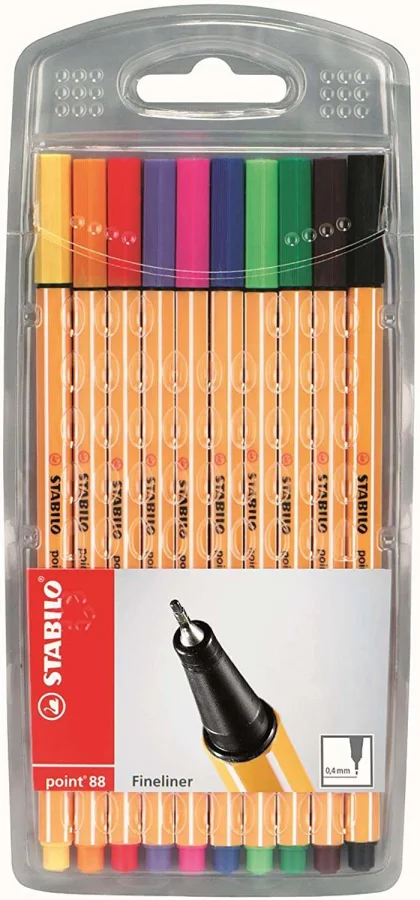 Stabilo Point 88 Pack de 10 Rotuladores de Punta Fina de Fibra - Trazo de 0.4 mm - Tinta con Base de Agua - Colores Surtidos