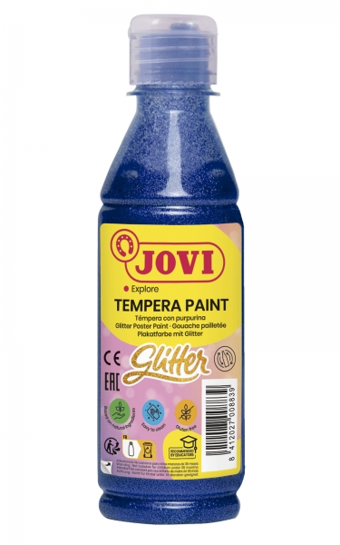 Jovi Glitter Tempera Liquida Base Agua 250ml - Particulas de Purpurina - Excelente Rendimiento - Secado Rapido - Fluidez Optima - Adherencia en Multiples Superficies - Color Azul