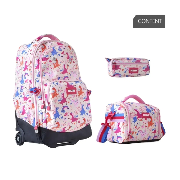 Milan Flowicorn Pack de Mochila con Ruedas 25L + Bolsa Isotermica Porta Alimentos de 5L + Estuche de 2 Cremalleras