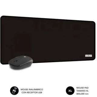 Subblim Pack Harmony Alfombrilla de Escritorio 800x300x2mm, Bordes Reforzados, Base Antideslizante + Raton Inalambrico 1200dpi, 3 Botones - Color Negro