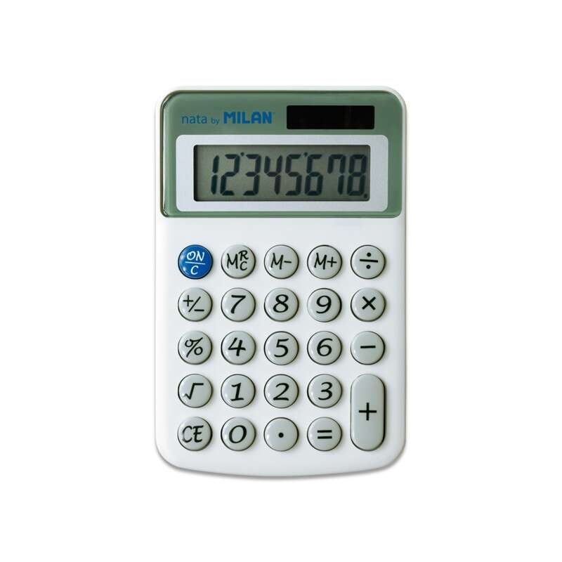 Milan Nata Calculadora de Sobremesa 8 Digitos - 3 Teclas de Memoria y Raiz Cuadrada - Botones Redondeados - Apagado Automatico - Color Blanco