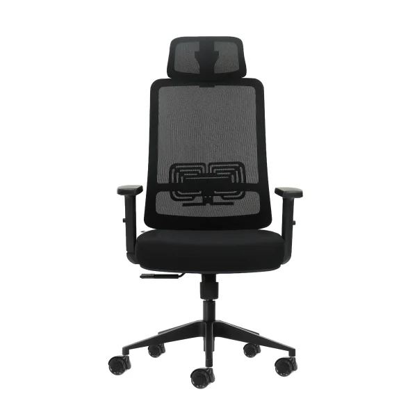 Oqonos Cherg 016 Silla de Oficina Ergonomica con Reposacabezas Cervical Ajustable, Tejido Impermeable, Mecanismo Autobalanceado, Soporte Lumbar Ajustable, Reposabrazos Ajustables en Altura y Ruedas de Silicona - Negro