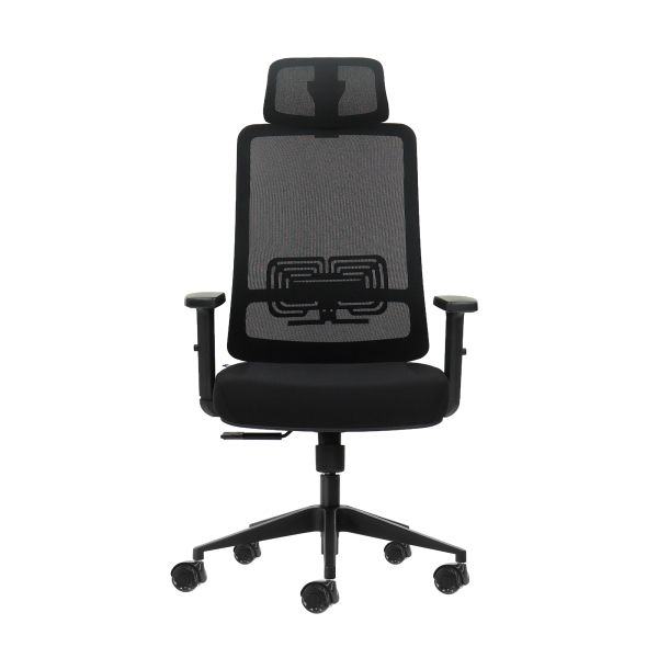 Oqonos Cherg 016 Silla de Oficina Ergonomica con Reposacabezas Cervical Ajustable, Tejido Impermeable, Mecanismo Autobalanceado, Soporte Lumbar Ajustable, Reposabrazos Ajustables en Altura y Ruedas de Silicona - Negro