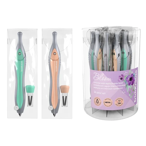 ErichKrause Pastel Bloom Compas Escolar - Mina de Repuesto - Cuerpo Metalico - Estuche de PVC - 125mm de Longitud - Radio Maximo de 150mm - Colores Surtidos · Pack de 24 uds.