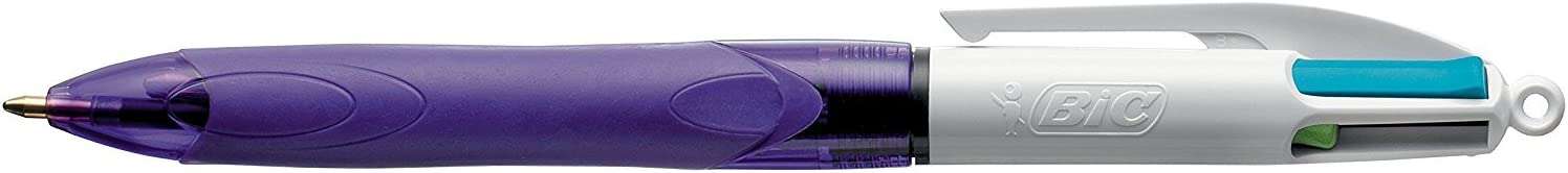 Bic 4 Colours Grip Fashion Boligrafo Retractil con Grip - Punta Media de 1mm - Trazo de 0.4mm - Tinta con Base de Aceite - Cuerpo Blanco/Morado Transparente - Colores Tinta Violeta, Rosa, Azul y Verde · Pack de 12 uds.