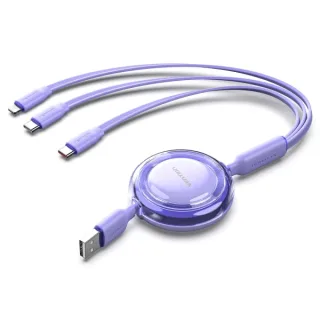 Vention Cable USB Multiple - Longitud Ajustable hasta 1.1m - Retractil - USB-A - 2xUSB-C - Lightning - Velocidad hasta 480Mbps - Color Morado