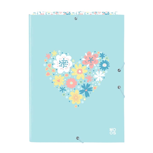 Safta Moos Fiori Carpeta con 3 Solapas - Tapas Duras Forradas - Formato Folio - Cierre con Gomas - 260x25x335mm - Color Azul Claro