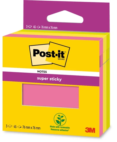 Post-It Super Sticky Pack de 3 Blocs de 45 Notas Adhesivas Reposicionables - 76x76mm - 100% PEFC - Colores Surtidos