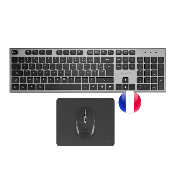 Tacens Zenith Combo Pack Inalabrico de Teclado Completo + Raton y Alfombrilla - Disposicion Francesa AZERTY FR - Teclas Silenciosas de Perfil Bajo - Sensor de 3200dpi - Conexion Dual Link 2.