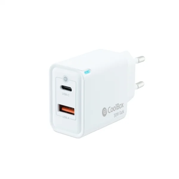 Coolbox Cargador de Pared 30W QC3.0 + PD - USB-A + USB-C - Carga Rapida - Tecnología GaN - Color Blanco