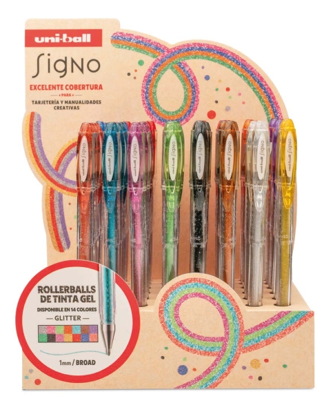 Uni-ball Signo Sparkling UM-120SP Expositor con 48 Rollers de Tinta Gel + 50 Tarjetas Kraft Gratis - Punta de Bola 1mm - Tinta Pigmentada Resistente al Agua y Luz - Efecto Purpurina - Color Violeta Parma