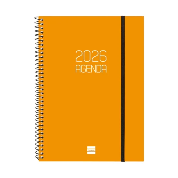 Finocam Opaque Agenda de Espiral - Anual 2026 - Tapa Ligera - Cierre con Goma Elastica - Formato E10 - 162x14x212mm - Semana Vista Horizontal - Color Naranja