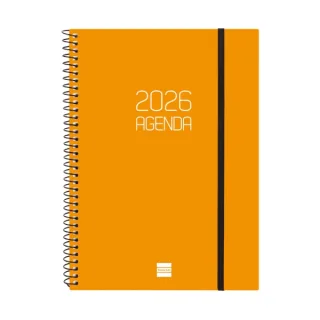 Finocam Opaque Agenda de Espiral - Anual 2026 - Tapa Ligera - Cierre con Goma Elastica - Formato E10 - 162x14x212mm - Semana Vista Horizontal - Color Naranja