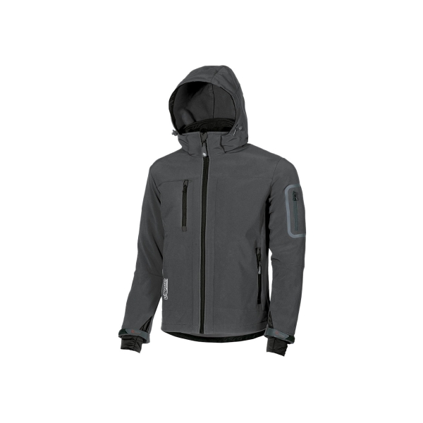 Upower Metropolis Soft Shell de Trabajo - Talla 2XL - Tejido Elastico Cortavientos, Transpirable, Resistente al Agua, Capucha Desmontable, Mangas Preformadas, Proteccion DPI1 - Color Gris Me
