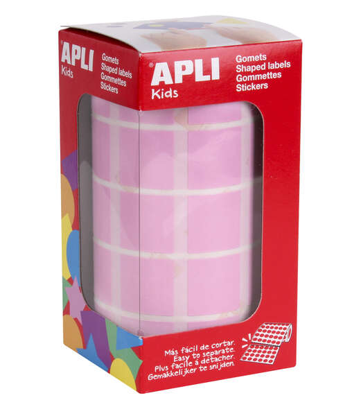 Apli Rollo con 1.770 Gomets Cuadrados 20x20mm - 59 Hojas Pretroqueladas - Ideal para Escuelas y Talleres Infantiles - Normas EN-71 y FSC - Adhesivo Base Agua - Color Rosa
