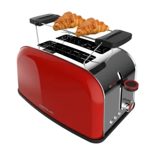 Cecotec Toastin' time 850 Red Tostadora Doble - Potencia 850W - Ranura Ancha - Acabados en Acero Inoxidable - Bandeja Recogemigas - Autocentrado - Calienta Panecillos - Color Rojo