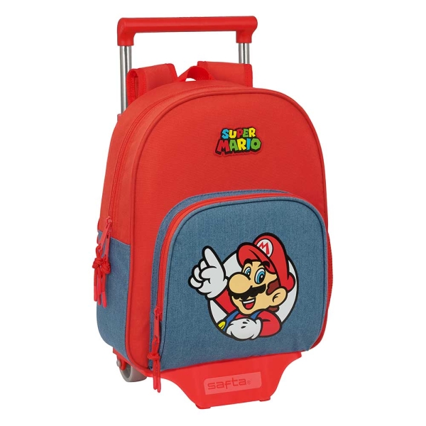 Safta Super Mario Mochila con Carro - Extraible - Portabotellas - Bolsillo Frontal - Asa de Mano - 28x34x10cm - Color Rojo y Azul