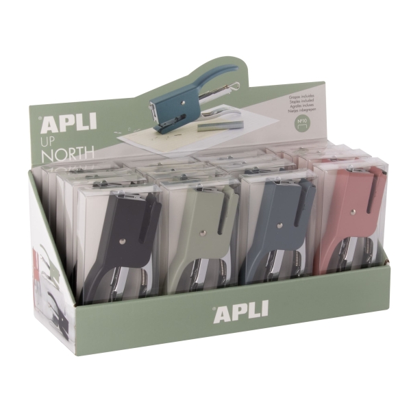 Apli Up North Expositor con 16 Grapadoras de Tenaza con 50 Grapas Nº10 cada Una - Diseño Ergonomico - Colores Surtidos