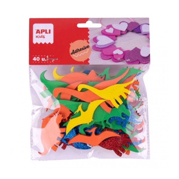 Apli Pack de 40 Dinosaurios Adhesivos de Goma EVA - Diseños Variados - Adhesivo Permanente - 8 Razas - Ideal para Manualidades y Proyectos Escolares - Material Suave y Seguro - Colores Surti
