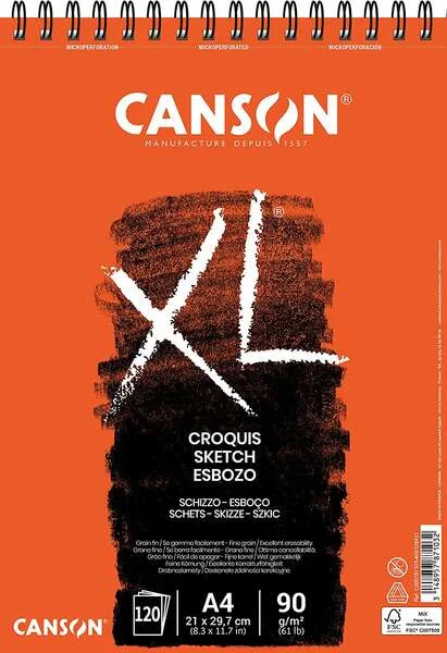 Canson XL Bloc de Croquis con 120 Hojas A4 - Espiral Microperforado - 21x29.7cm - 90g - Color Marfil