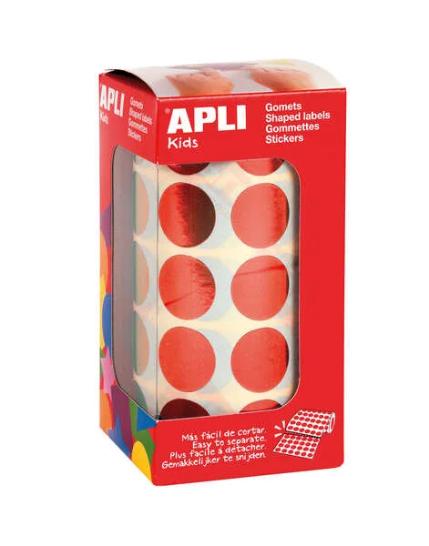 Apli Gomets Redondos Ø 20mm Rojo Metalizado - 59 Hojas Pretroqueladas - 1770 Gomets por Rollo - Ideal para Actividades Creativas con Niños - Normas EN-71 y FSC - Adhesivo Base Agua - Materiales 100% Reciclables