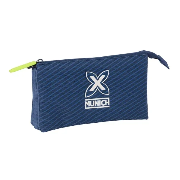 Safta Munich Blue Indigo Portatodo - 3 Compartimentos con Cremalleras - Bolsillo Interior - 0.6L - 220x30x120mm - Color Azul Marino
