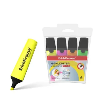 Erichkrause Visioline V-12 Pack de 4 Marcadores Fluorescentes - Punta Biselada - Tinta a Base de Agua - Colores Naranja, Rosa, Verde y Amarillo