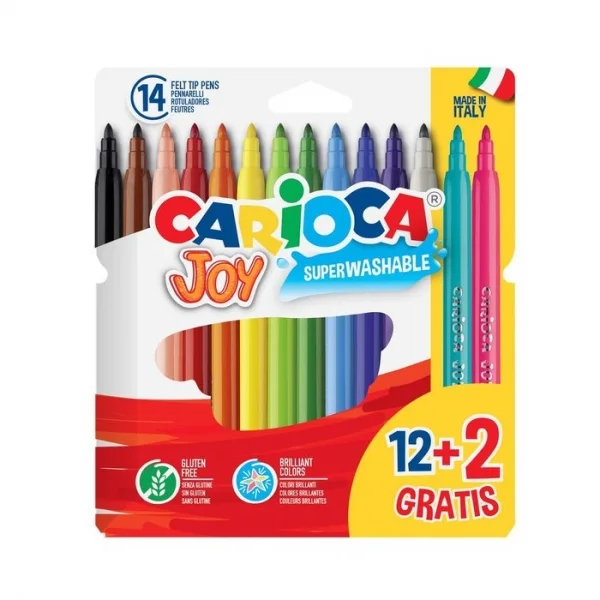 Carioca Joy Superlavables Pack de 12+2 Rotuladores - Punta 2.8mm Bloqueada - Capuchon Ventilado - Colores Surtidos
