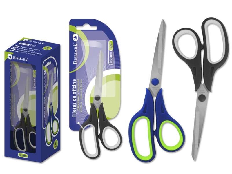Bismark Tijeras de Oficina Acero Inoxidable 19cm - Empuñadura Ergonomica - Muy Ligeras y Resistentes - Empaquetadas en Blister - Colores Surtidos · Pack de 8 uds.