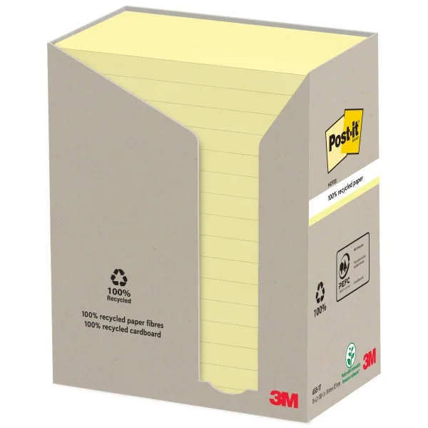 Post-It Pack de 16 Blocs de 100 Notas Adhesivas Recicladas - Forma Rectangular - 76x127mm - Color Amarillo Claro