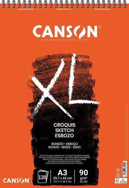 Canson XL Bloc de Croquis con 120 Hojas A3 - Espiral Microperforado - 29.7x42cm - 90g - Color Marfil