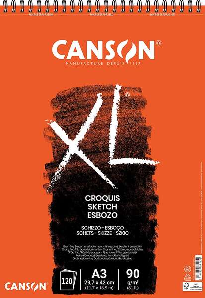 Canson XL Bloc de Croquis con 120 Hojas A3 - Espiral Microperforado - 29.7x42cm - 90g - Color Marfil