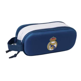 Safta Real Madrid Estuche Portatodo 3D de 1L - 2 Compartimentos - Cierre de Cremallera - Asa de Mano - 21x8x6cm - Color Blanco y Azul