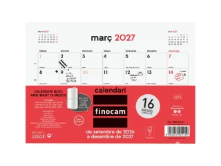 Finocam Neutro Bloc Calendario con Iman en Catalan - 16 Meses - Mes Vista - Formato S - 210x150mm - Listado de Festivos - Papel de 120g/m2 - Listado de Festivos - Color Rojo/Blanco