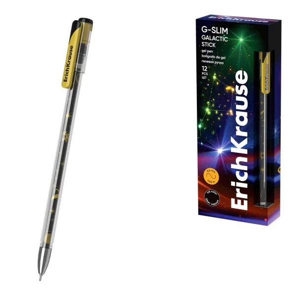 ErichKrause G-Slim Stick Galactic Boligrafo con Capuchon - Punta de 0.5mm - Trazo 0.4mm - Tinta de Gel - Resistente al Agua - Secado Rapido - Tapa Ventilada - Color Negro · Pack de 12 uds.