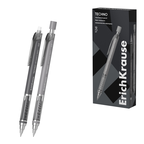 ErichKrause Techno Portaminas - Mina HB de 0.9mm - Goma de Borrar Integrada - Pinza - Cuerpo Redondo - Colores Surtidos · Pack de 12 uds.