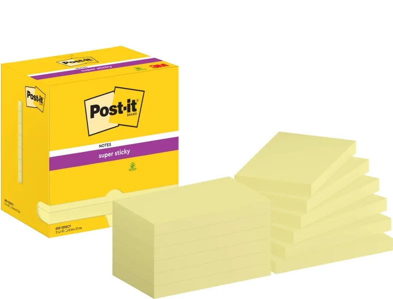 Post-It Super Sticky Pack de 12 Blocs de 90 Notas Adhesivas Reposicionables - Forma Rectangular - 76x127mm - Color Amarillo Claro